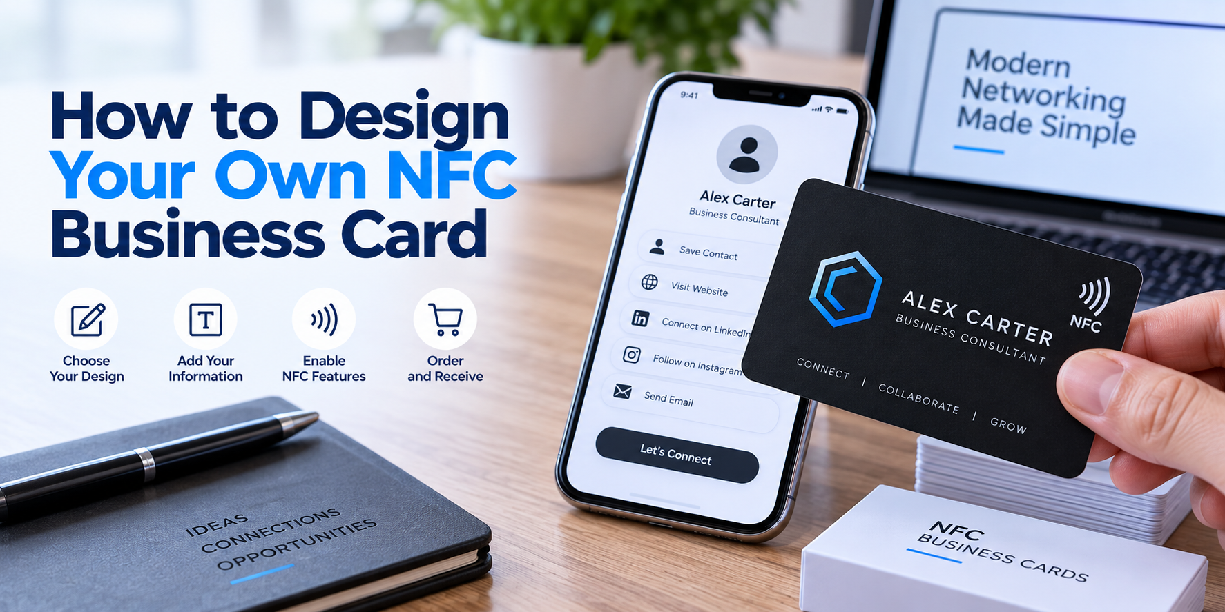 A hand holding a black NFC business card next to a smartphone showing a digital contact profile